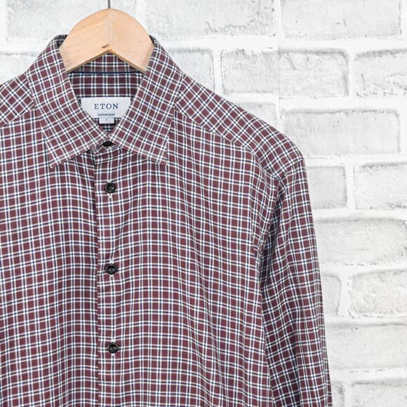 ETON Men's Contemporary fit Button up Shirt in Maroon plaid cotton size Large 16 - Picture 3 of 5